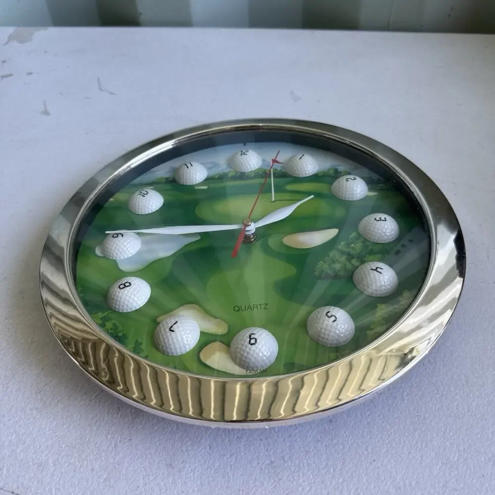 Working Golf Course Balls Wall Clock Quartz Chrome Rim 11 1/4